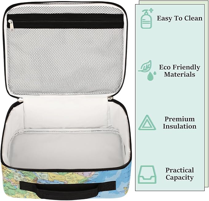 Political World Map Lunch Box for Women Men Map Blue Ocean Soft Insulated Lunch Bag with Handle Freezable Lunch Cooler Reusable Lunch Tote Bag for Office Work Sports Beach Picnic Travel