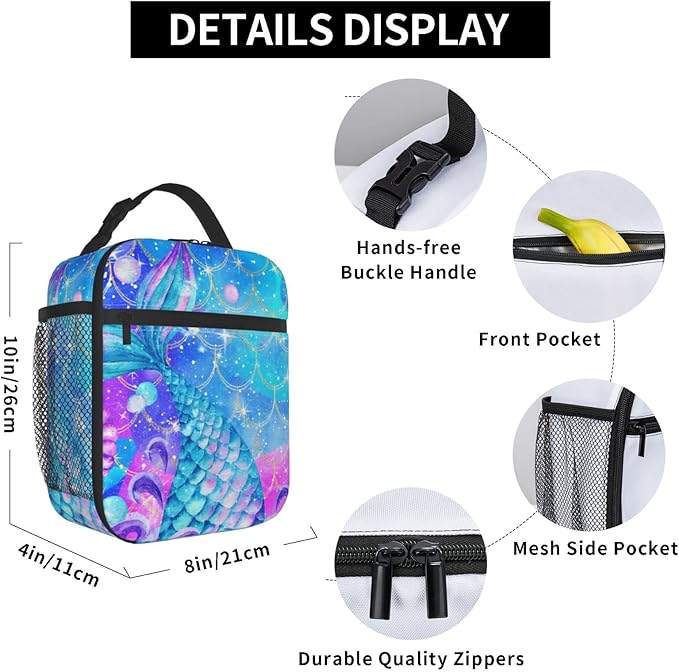 YETTA YANG Mermaid Tail Galaxy Blue Colorful Portable Lunch Bag Insulated Lunch Box Reusable Totes For Women Men Work Picnic Camping