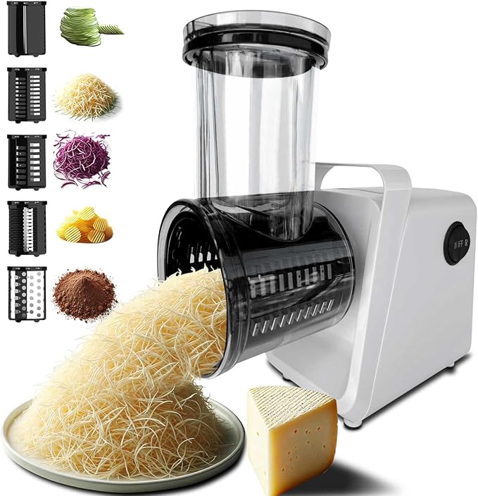 Electric Cheese Grater Salad Maker 300W Electric Vegetable Slicer Shredder Chopper for Fruits with 5 Different Shapes of stainless steel Blades Stainless Steel Food Cutter for Vegetables and Cheeses