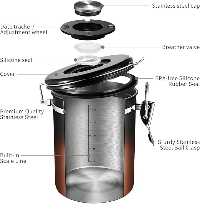 Veken Coffee Canister with Window, Gifts for Dad,Airtight Stainless Steel Kitchen Food Storage Container, Date Tracker & Scoop for Grounds Coffee, Beans, Tea,Flour,Cereal,Sugar,22OZ,Copper