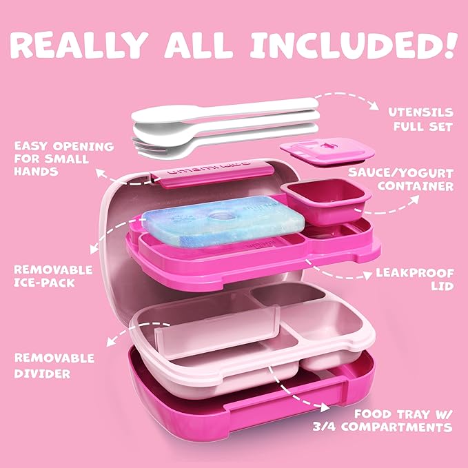 Umami All-in-1 Bento Box for Kids, Ice-pack & Utensils Included, 100% Leakproof & BPA free, Parents' favorite Lunch Box Kids (Candy Pink, 23 oz)