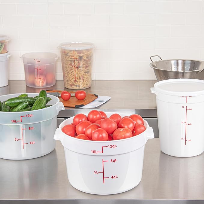 Restaurantware-Met Lux 12 Quart Food Storage Containers, 10 White Storage Containers - Lids Sold Separately, Red Volume Markers, Dishwashable Containers, Side Handles, For Storing Foods