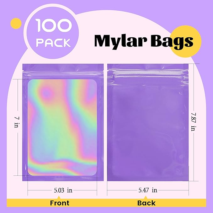 100 Pcs Holographic Bags Purple Resealable Bags with Clear Window Mylar Bags for Food Storage Packaging for Small Business(5.5×8Inch)