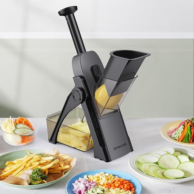 Safe Mandoline Slicer for Kitchen, Adjustable Thickness 0.1-8 mm, 5 in 1 Multi Vegetable Chopper, Potato Slicer, Food Chopper French Fry Cutte, Paring Knife/Cleaning Brush, Mandolin (BlackKnight)