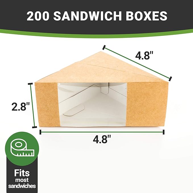 Restaurantware Cafe Vision 4.8 x 2.8 Inch Sandwich Paper Boxes, 200 Medium Sandwich Wedge Boxes - With Window, Disposable, Kraft Paper Triangle Sandwich Containers, Grease-Resistant Lining