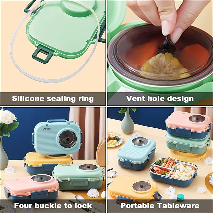 3 Compartments Bento Lunch box with Soup Bowl, Insulated Lunch Bag and Portable Utensils, Stainless Steel Camera Lunch Containers,Leak Proof Bento Box for Kids Adults Men Women…