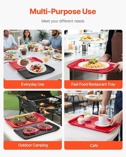 VEVOR Plastic Serving Trays, 2-Pack Grilling Prep and Serve Trays with Handles, 17x10.35 Inch Anti-Slip Melamine Food Tray, Ideal for BBQ, Kitchen, Cafeteria, Ottoman, Coffee Table, Black and Red
