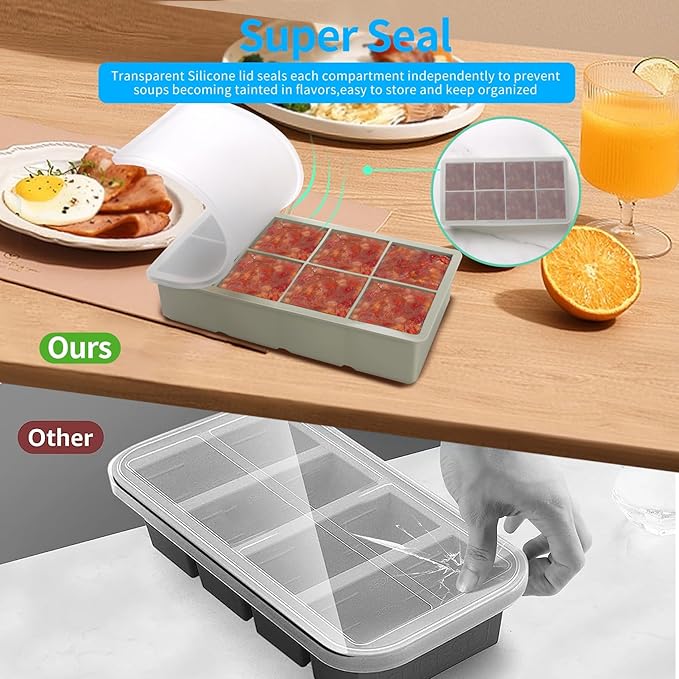 1/2 Cup Silicone Freezer Tray With Lid - Silicone Freezer Molds 2-Pack For meal prep & freezing of various sauces and other dishes, makes 16 perfect 1/2 cup portions cubes(Green 2 Pack)