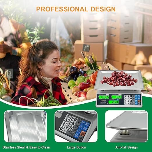 Price Computing Scale 88lb/40kg Commercial Food Scale with Price Calculator, Accurate Counting Platter, Dual LCD Display, Produce Scales for Farmer Market Retail Deli Meat Shopsr Produce Weighing