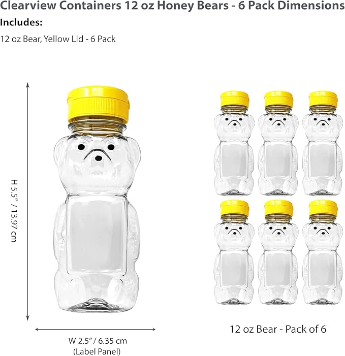 6 Pack of 12 Ounce Clear Honey Bears with Sealable Yellow Flip Top Lids (12 oz. Clear Bear, 6pk, Yellow)