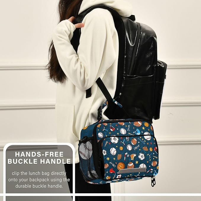 Pfrewn Lunch Bag for Women Men Baseball Football Ball Pattern Insulated Lunch Box Tote Large Cooler Bag for Office Picnic 11x4.3x9inch
