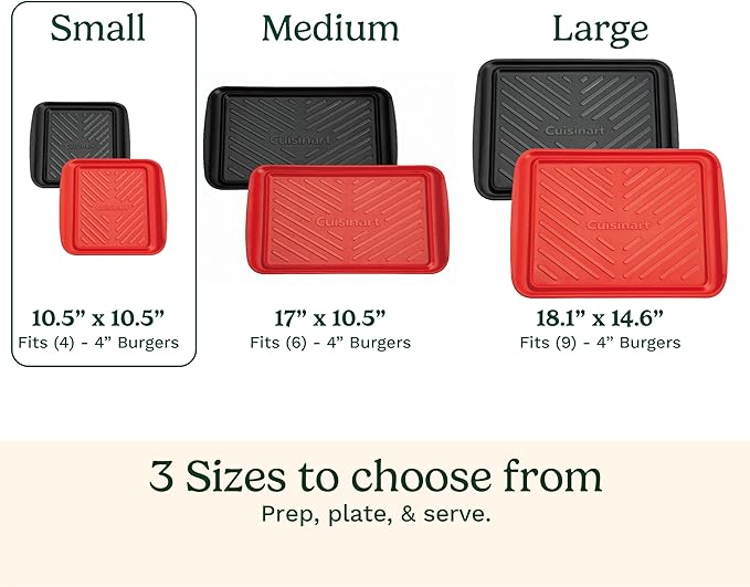 Cuisinart Grilling Prep & Serve Trays, 10.5x10.5 inch Small BBQ Tray Safe for Food Handling, 2 Dishwasher Safe Nesting Trays Black & Red, Perfect Grilling Tray for Cooked & Raw Meat, Fits 4 Burgers