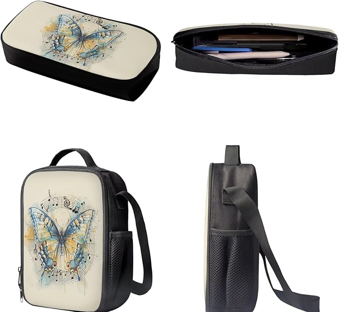 Dolyues Vintage Butterfly 3-Piece Girls Backpack Set - Cute 17-Inch School Backpack with Lunch Box & Zipper Pencil Case or Students & Outdoor Adventures
