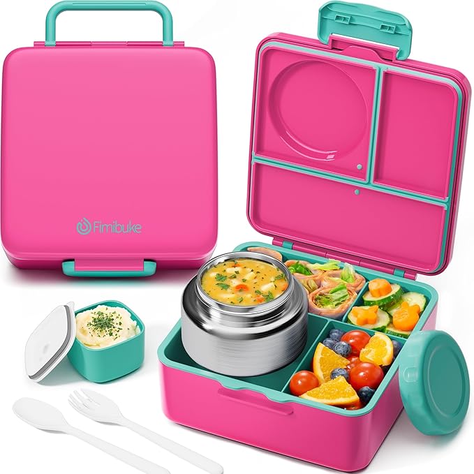 Fimibuke Bento Box for Kids with Thermos, 60OZ Bento Lunch Box Container with Leakproof 8OZ Insulated Food Jar, 3-4 Compartments, Sauce Jar, Utensils for Teens Toddler Adult, BPA-Free, Dishwasher Safe