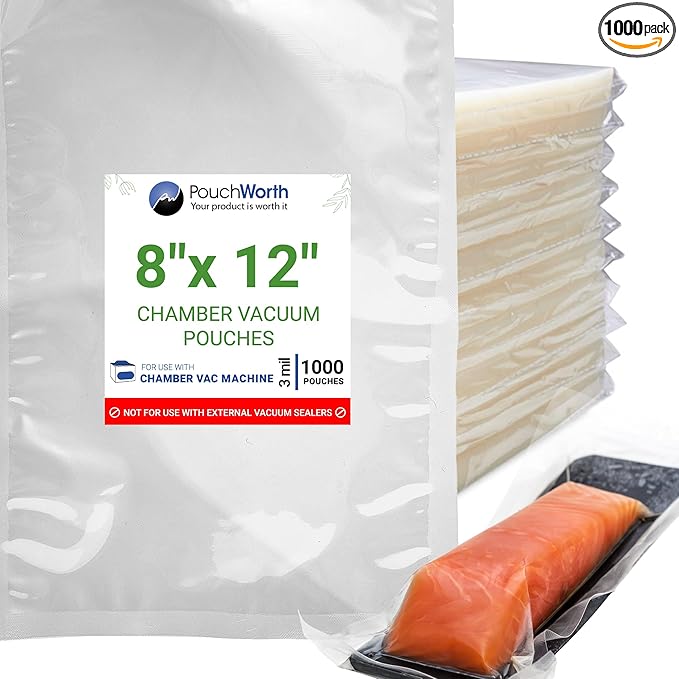 1,000 pcs Clear 8" x 12" Quart, 3 mil Chamber Machine Pouches, Pre-Cut Chamber Vacuum Sealer Bags, Heavy Duty Seal Pouch, BPA-Free Chamber Sealer Bags with Tear Notch