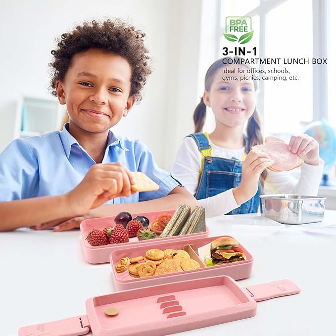 Bento Box Japanese Lunch Box Kit Leakproof Bento Lunch Box for Kids Adults Wheat Straw 3 Layer Stackable Lunch Containers with Compartment Eco-Friendly Meal Prep Containers (Pink)