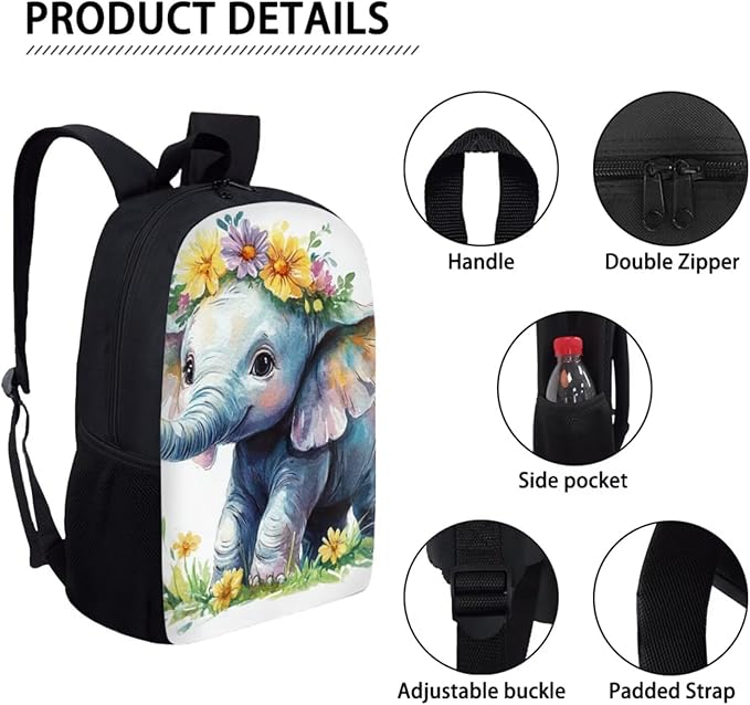 Dolyues Flower Elephant Girls' Backpack Set17-Inch Student Backpack Shoulder Lunch Bag & Glitter Pencil Case for Girls Ages 6-12