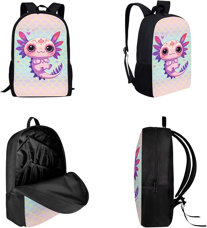 Dolyues Scale Axolotl 17-Inch Girls' 3-Piece Backpack Set - Waterproof School Bag with Lunch Box and Pencil Case - Perfect Travel Gift for School