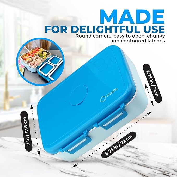 kinsho Stainless Steel Bento Box Lunch Container for Kids Adults with Removable Tray, Leakproof Silicone Seals, BPA Free 26 oz/790 mL (Blue)