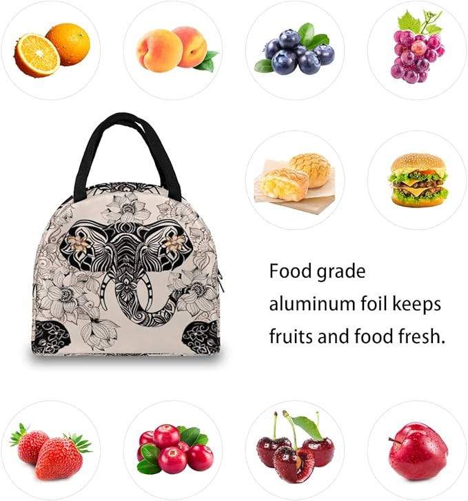 Insulated Lunch Bag for Women Men Elephant Ethnic Flower Waterproof Thermal Tote Bag Reusable Lunch Box Container Lunch Holder Leakproof Lunch Cooler Bag Picnic Travel Work