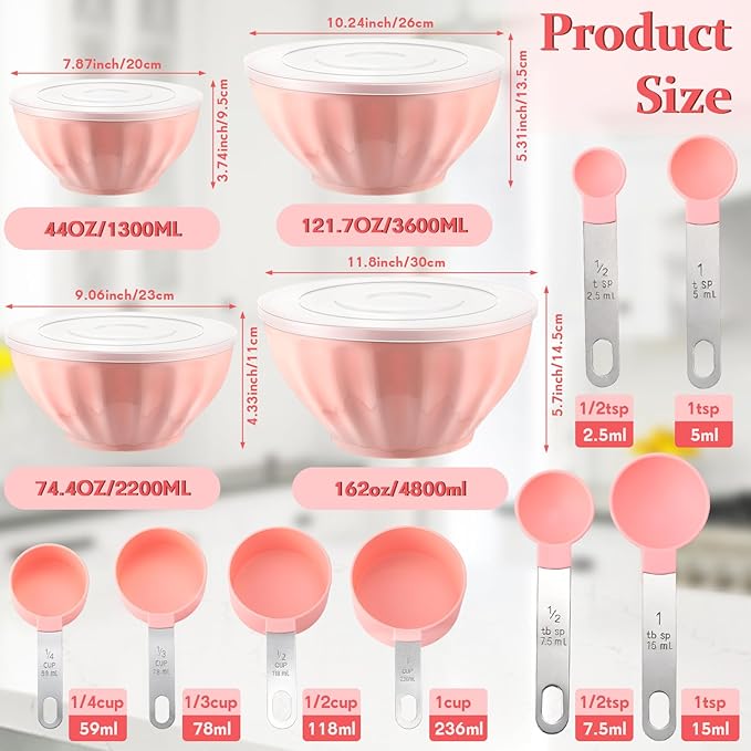 4 Pcs Mixing Bowls with Lids Plastic Nesting Bowls Set with Stainless Steel Colander 8 Pcs Measuring Cups and Spoons Set and Foldable Kitchen Funnel for Kitchen Cooking Accessories (Pink)