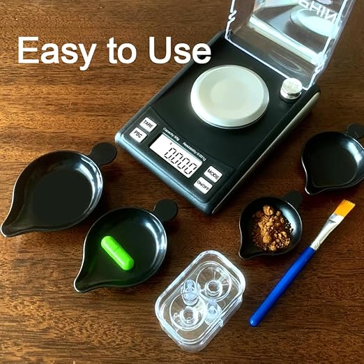 Milligram Scale with Capsule Filling Tool Kit, Only for Size 0, Powder Pans, mg Scale for Powder Medicine, 50g by 0.001g, 6 Weighing Units, Calibration Weight, Scoops, Tweezers Included