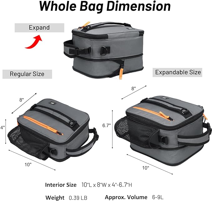 MIER Expandable Lunch Bag Insulated Lunch Box for Men to Work Travel Portable Lunchbox Bags with Shoulder Strap and Water Bottle Holder(Grey/Orange)
