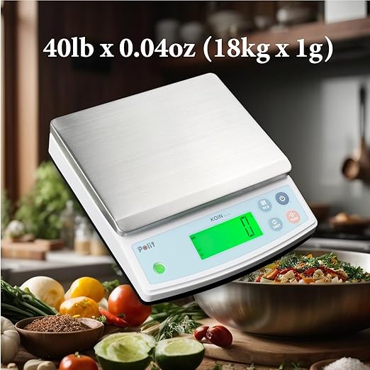 Polit Food Kitchen Scale KOIN, 40lb/18Kg Digital Kitchen Scale Grams Ounces 1g/0.04oz Accuracy, LCD Display, Rechargeable, 5 Weight Unit (with Power Adaptor)