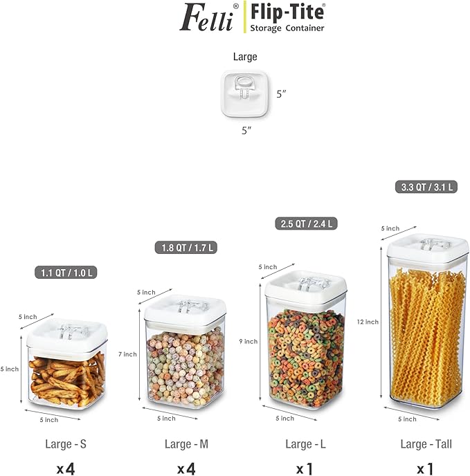 Felli Flip Tite Food Storage Container with Lid 5" LARGE Airtight Easy Open Ring Top, Acrylic Canister Jar for Sugar Flour Baking Powder Protein Rice Pasta Kitchen Organizer Gift Set (10pk, Variety)