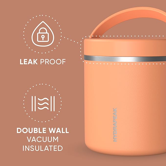 Hydrapeak 25oz Stainless Steel Vacuum Insulated Thermos Food Jar | Thermos for Hot Food and Cold Food, Wide Mouth Leak-Proof Soup Thermos for Adults, 10 Hours Hot and 16 Hrs Cold (Apricot Crush)