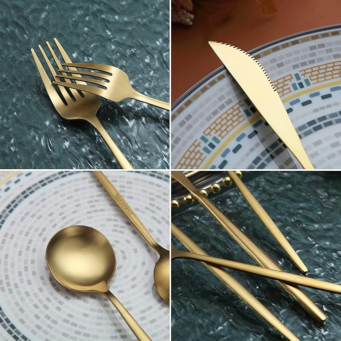 Matte Gold Silverware Set 20 Pieces, Stainless Steel Golden Flatware Set, Titanium Plating Cutlery Set, Matte Gold Utensil Sets, Service Set for 4 (Matte Golden)