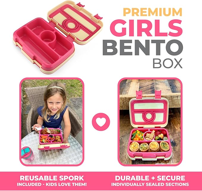 kinsho Bento Lunch Box for Kids Toddlers Girls, 4 Portion Sections Secure Lid, Microwave Safe BPA Free Removable Tray, Pre-School Kid Daycare Lunches Snack Container Ages 3 to 5, Cute Summer