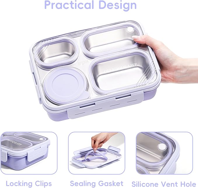 36-oz Lunch Box Containers Stainless Steel Bento Box for Adults with 4-Compartment Snack Tray, Soup Bowl with Lid & Metal Spoon, Dishwasher Safe, Easy to Carry, Purple