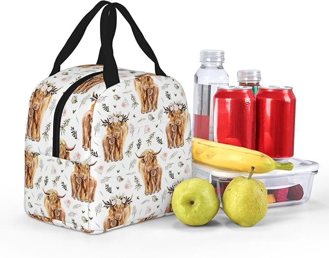 Highland Cow Lunch Box Farmhouse Cow Insulated Lunch Bag for Kids Women Men Reusable Cooler Rustic Country Lunch Tote Bag with Front Pocket for Girls Boys Students School Office Picnic Travel
