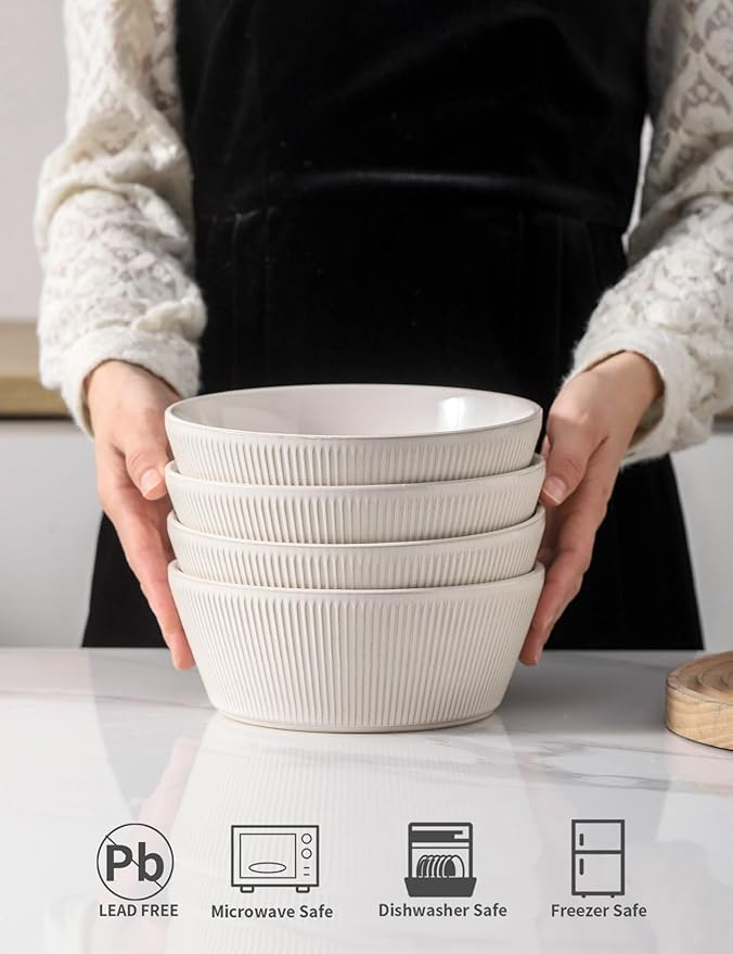 UBEE Large Soup Bowls Set of 4, 7.3 inch White Salad Bowls, Ceramic Serving Bowls for Ramen, Pasta, Fruit, Cereal, Fruit, Dinner, Dishwasher and Microwave Safe