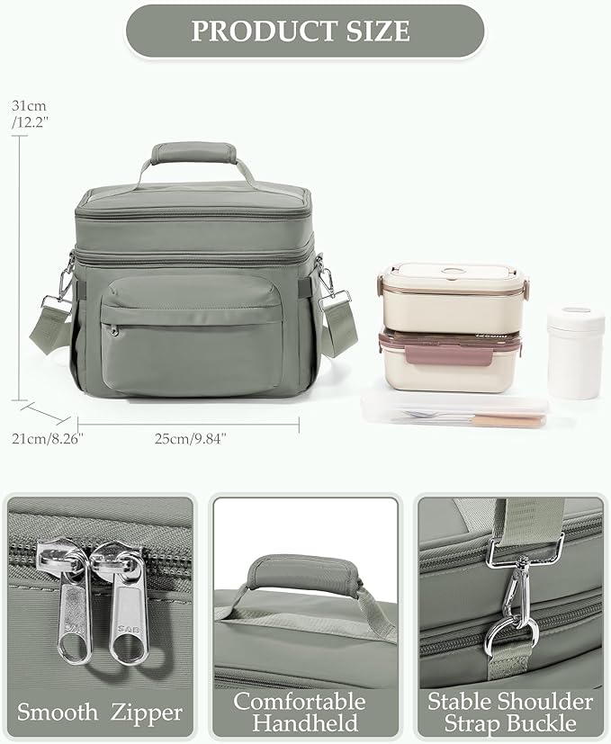 Lunch Box Women Insulated Lunch Bag Men Expandable Waterproof Leakproof Lunch Boxes Large Lunch Tote Cooler Bag for Work with Water Bottle Holder Grey Green