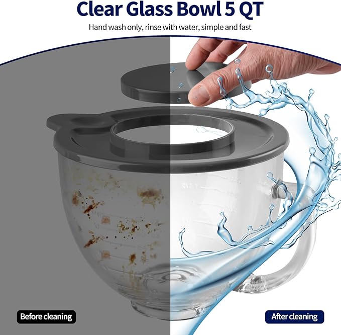 Glass Bowl for KitchenAid Stand Mixer,5 Quart,Glass Mixing Bowl Replacement for KitchenAid 4.5 and 5 Quart Tilt-Head Stand Mixers with Measurement Markings