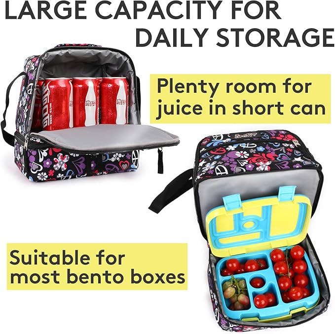 Tilami Lunch Bags Insulated Adjustable Strap Zipper, Water-Resistant Cooler Bags, Bento Bags for Kids Toddlers, Heart Black