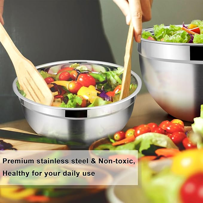 TeamFar Mixing Bowls with Lids, 7 Pieces Stainless Steel Metal Nesting Salad Bowls for Baking Prepping Serving, 7, 4.5, 3, 2.5, 1.5, 1.2, 0.7 QT, Non-Toxic & Sturdy, Airtight Lid & Easy Clean, Khaki