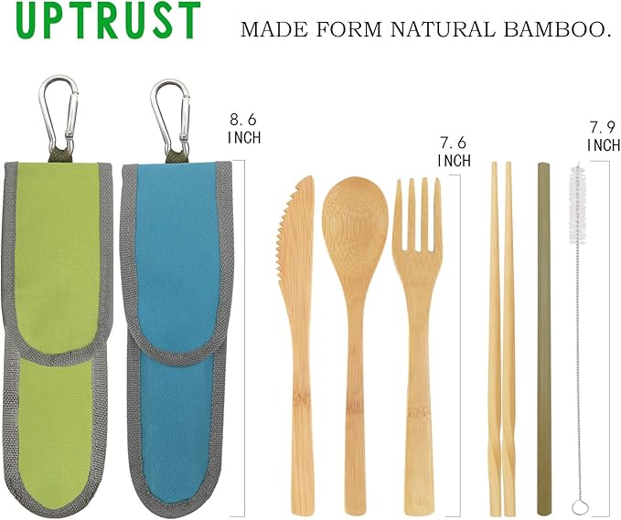 UPTRUST 2 Set Bamboo Cutlery Set Bamboo Travel Utensil Reusable Table cutlery Fork Knife Spoon Chopsticks Straw Cleaning Brush for Travel Picnic School Office(Skyblue& Green)