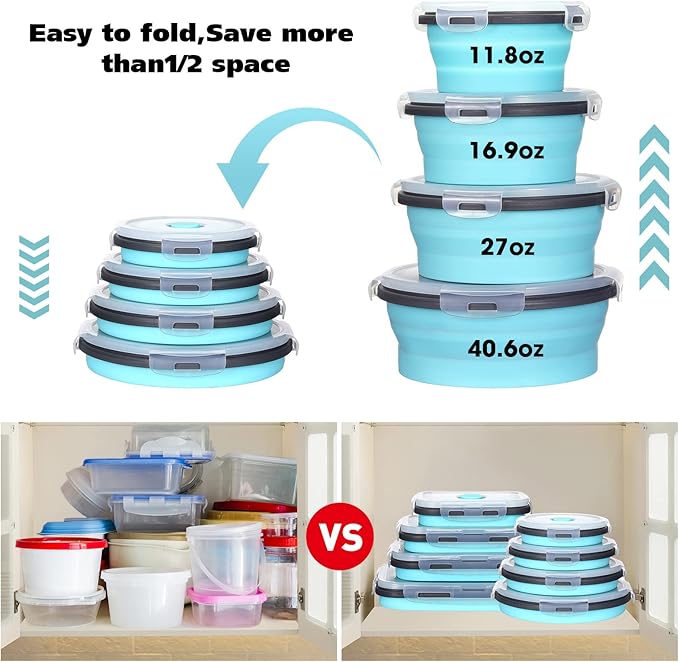 8 Pieces Collapsible Food Storage Containers Foldable Silicone Lunch Containers with Lids, 4 Pcs Silicone Rectangle Collapsible Bowls and 4 Pcs Round Food Bowls, Microwave Freezer and Dishwasher Safe
