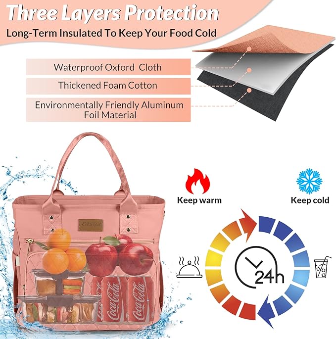 Large Women's Lunch Bags - Insulated, Durable Nylon Thermal Lunch Tote with Storage Pocket, 13"L x 6.3"W x 11.3"H, Pink