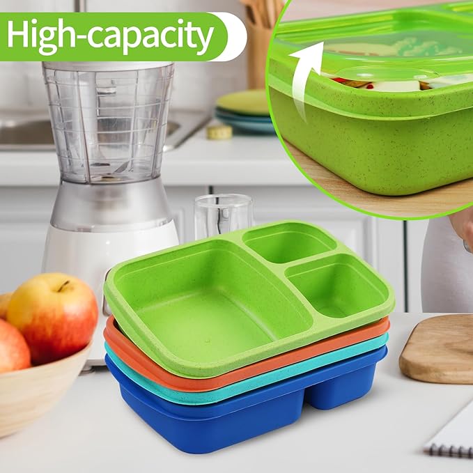 8 Pack Bento Lunch Box Set 3 Compartment Wheat Straw Meal Prep Food Storage Containers Plastic, Microwave and Dishwasher Safe (Jewel Brights)