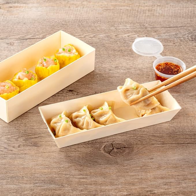 Restaurantware Taipei 9 Ounce Food Containers 100 Rectangle Wooden Bento Boxes - Lids Sold Separately Grease Impermeable Poplar To Go Boxes Disposable Serve Noodles Dumplings And More