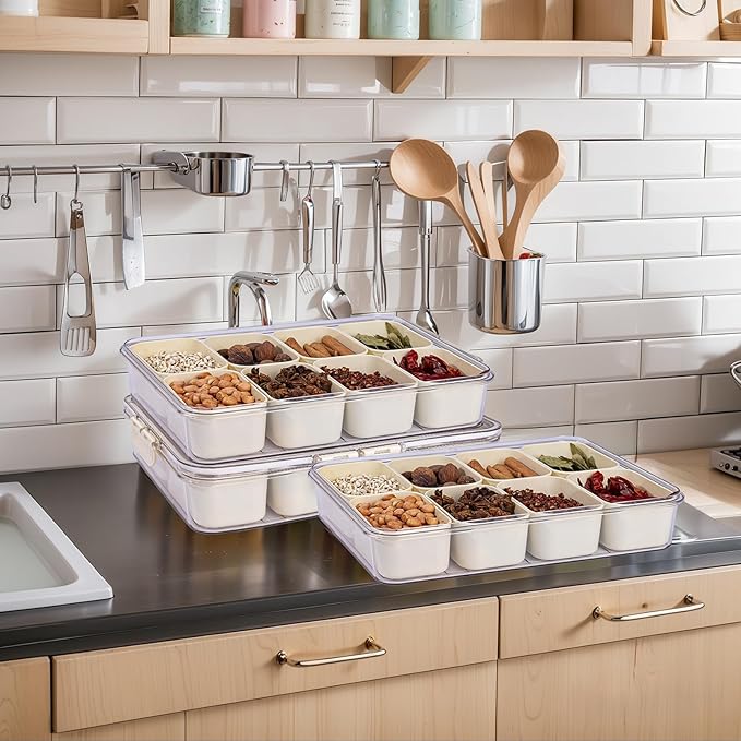 U-QE Dishwasher Safe Snackle Box Container with 8 Small Snacks Box - Premium Ivory Plastic Divided Serving Tray with Lid and Handle for Snack, Veggie, Fruits, Perfect for Party, Picnic, Entertaining