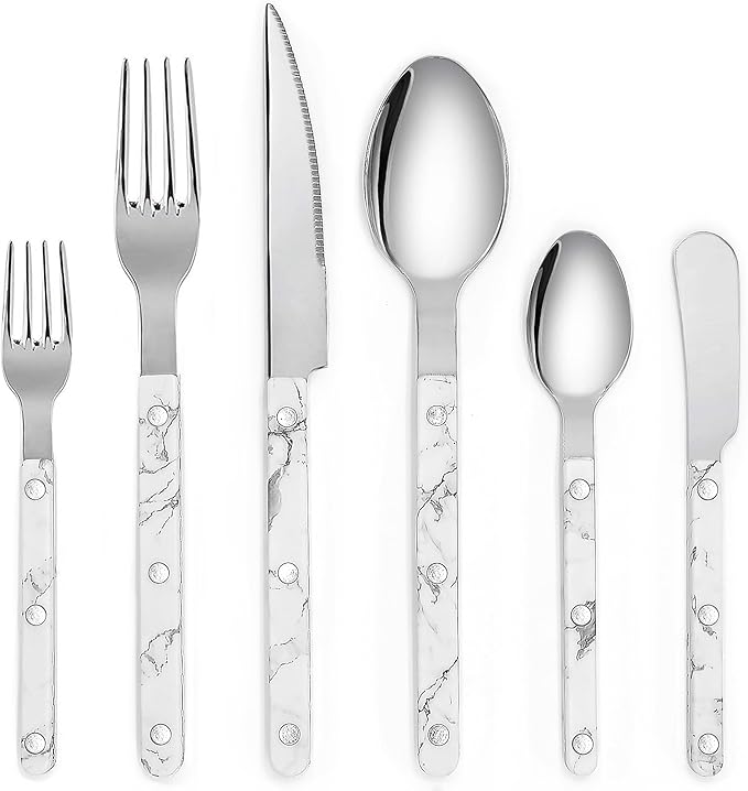 6-Piece Stainless Steel Flatware Silverware Cutlery Set - Color Handle with Rivet/Retro Style - Includes Dinner Knife; Dinner Fork; Salad Fork; Soup Spoon; Teaspoon; Spreader (MARBLE)