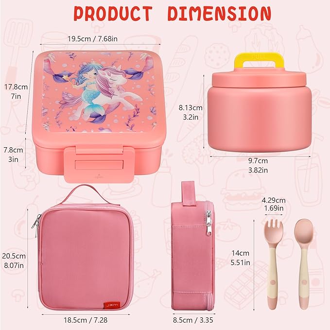 Bento Lunch Box for Kids With 8oz Soup Thermo,Leak-proof Lunch Containers with 5 Compartment,Thermo Food Jar and Lunch Bag, Food Containers for School (A-Pink(Unicorn - Mermaid))