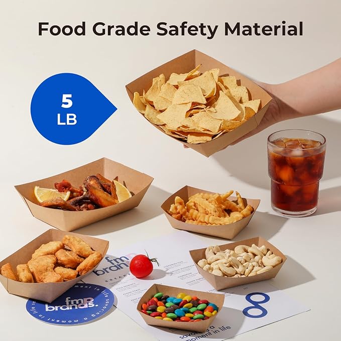 Fit Meal Prep [250 Pack 5 lb Paper Food Boats Heavy Duty Disposable Food Trays, Kraft Brown Nacho Tray for Parties Fairs Picnics Carnivals Holds Tacos Nachos Fries Hot Dogs Grease Resistant