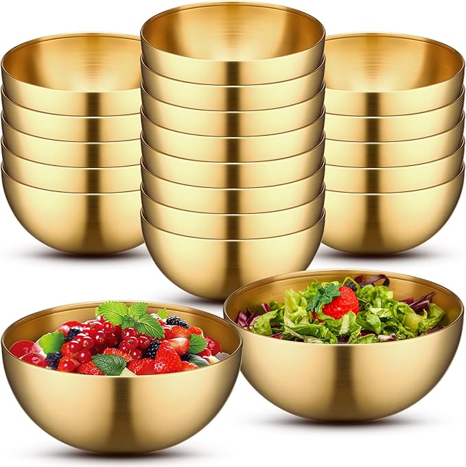 Nuogo 20 Pcs Stainless Steel Gold Mixing Bowls 30 oz Gold Esthetician Bowls for Wedding Party Facial Cereal Fruit Snack Rice Noddle Appetizer Salad Serving Cooking Baking Prepping