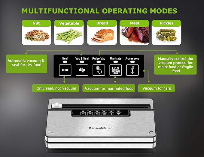 Bonsenkitchen Vacuum Sealer Machine, Stainless Steel Food Sealer Vacuum Sealers with 30 Bags & 1 Roll, 5 Food Vacuum Modes, Built-in Cutter & Bag Storage, Climate Pledge Friendly (Silver Black)